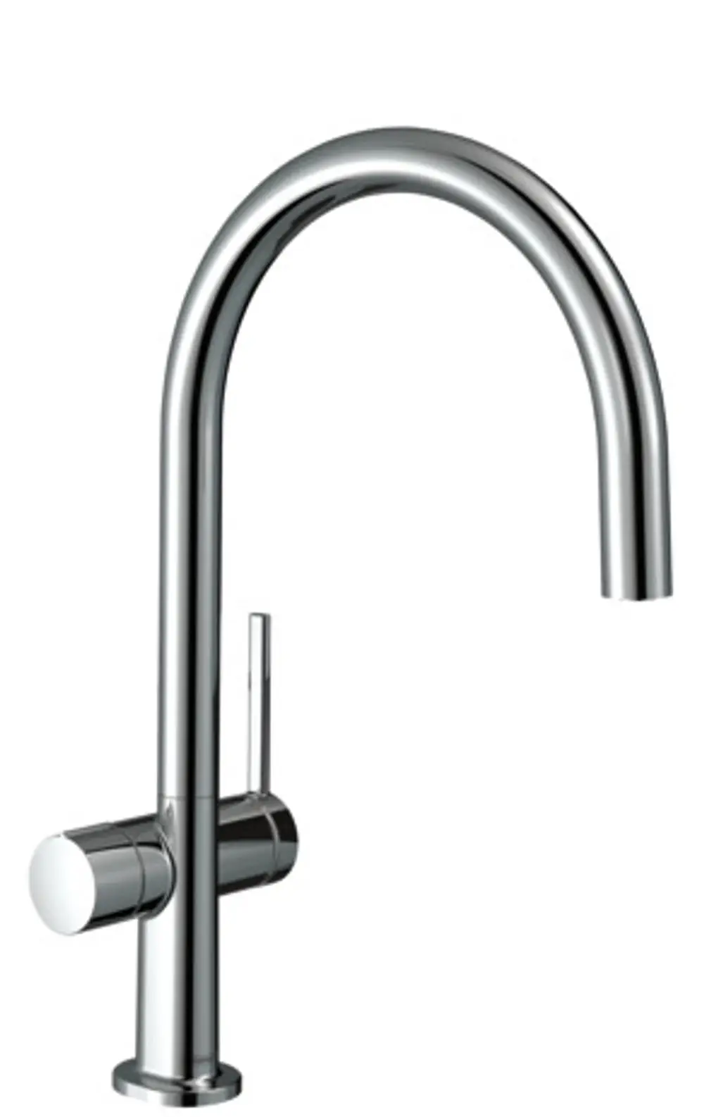 Küchenarmatur von Hansgrohe in verchromtem Finish, mit hohem Auslauf und seitlichem Hebel für die Wassersteuerung.